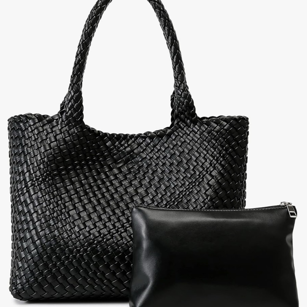 Elegant Black Woven Tote Bag with Pouch